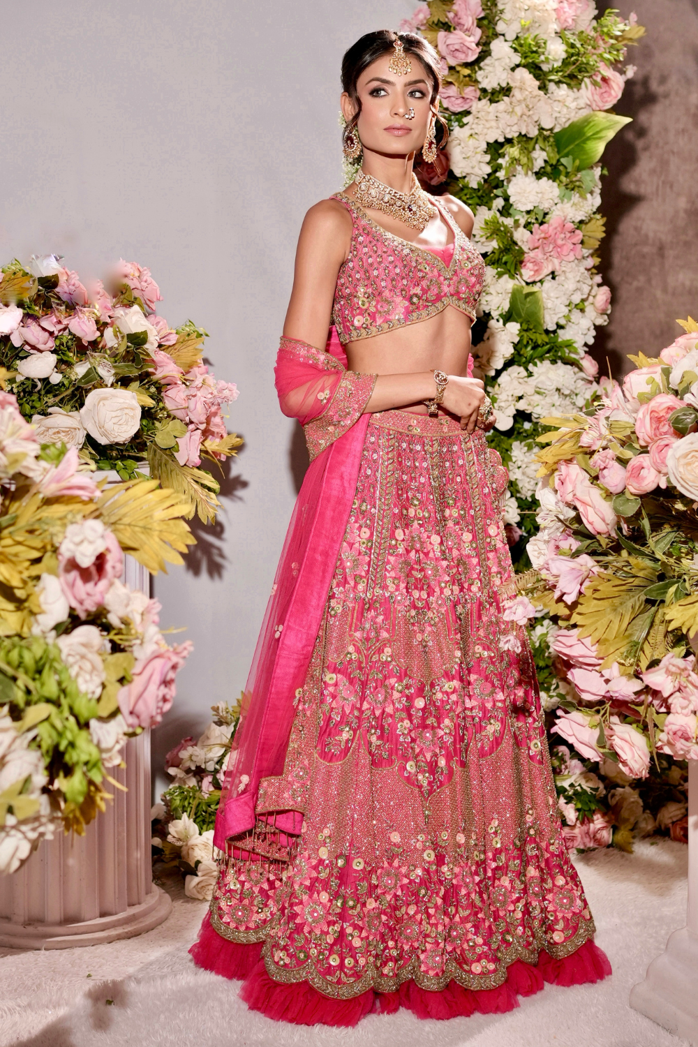Shades Of Pink Floral Bridal Lehenga With Thread Work And Zari Work Embellishment