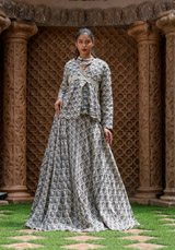 Blue Leaf Print Chanderi Top And Skirt