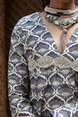 Blue Leaf Print Chanderi Top And SkirtIMG_0693