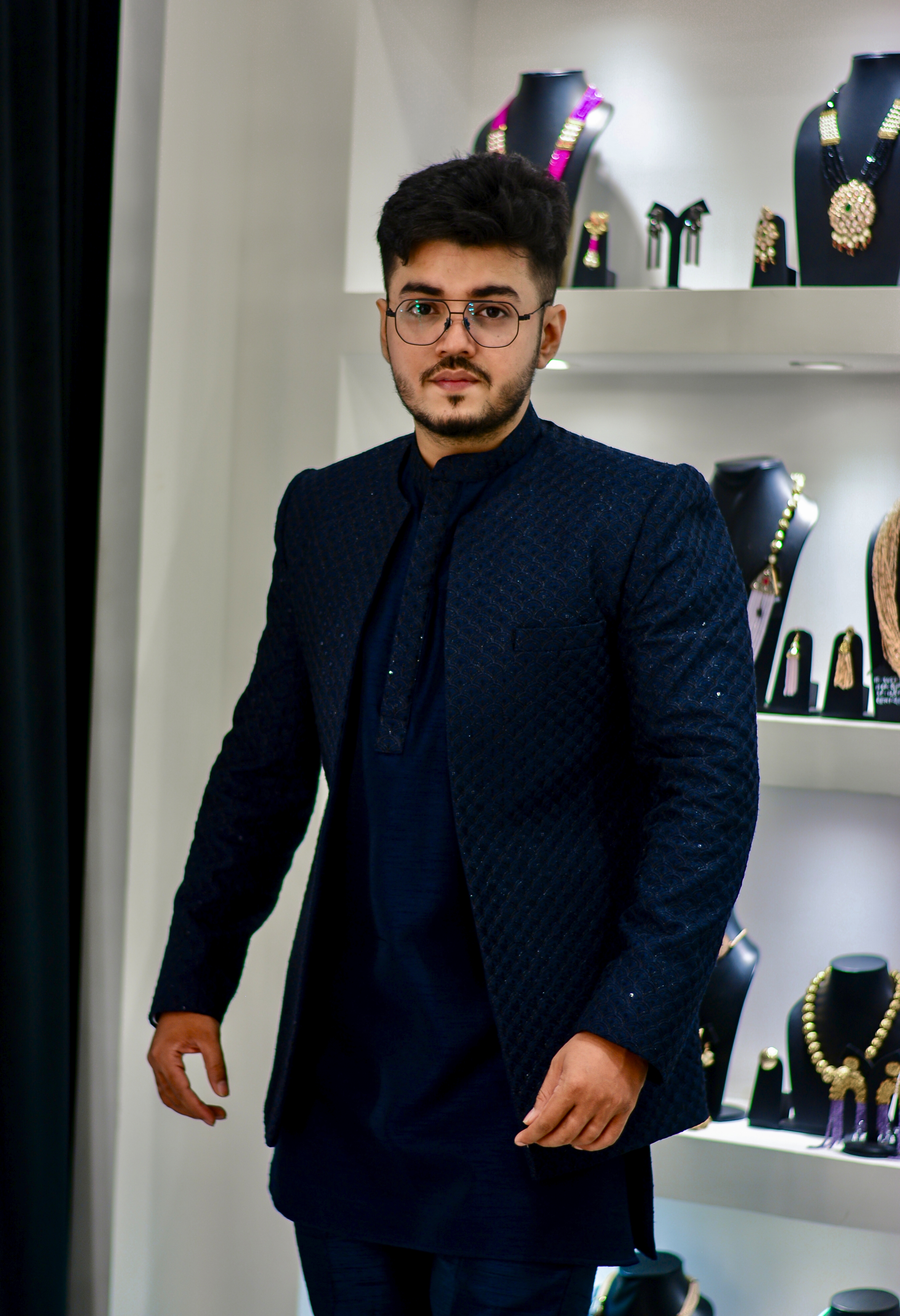 Navy Blue Indo Western Set With Thread Work Embellishment