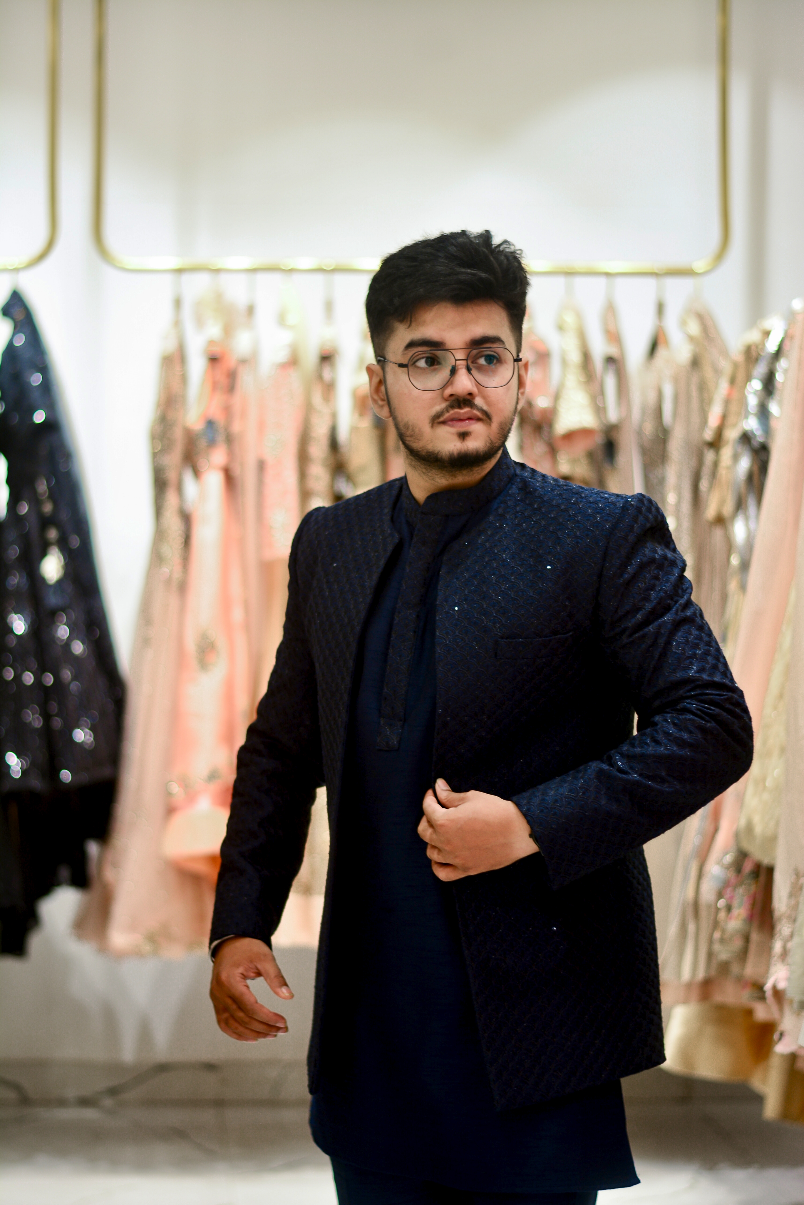 Navy Blue Indo Western Set With Thread Work Embellishment2