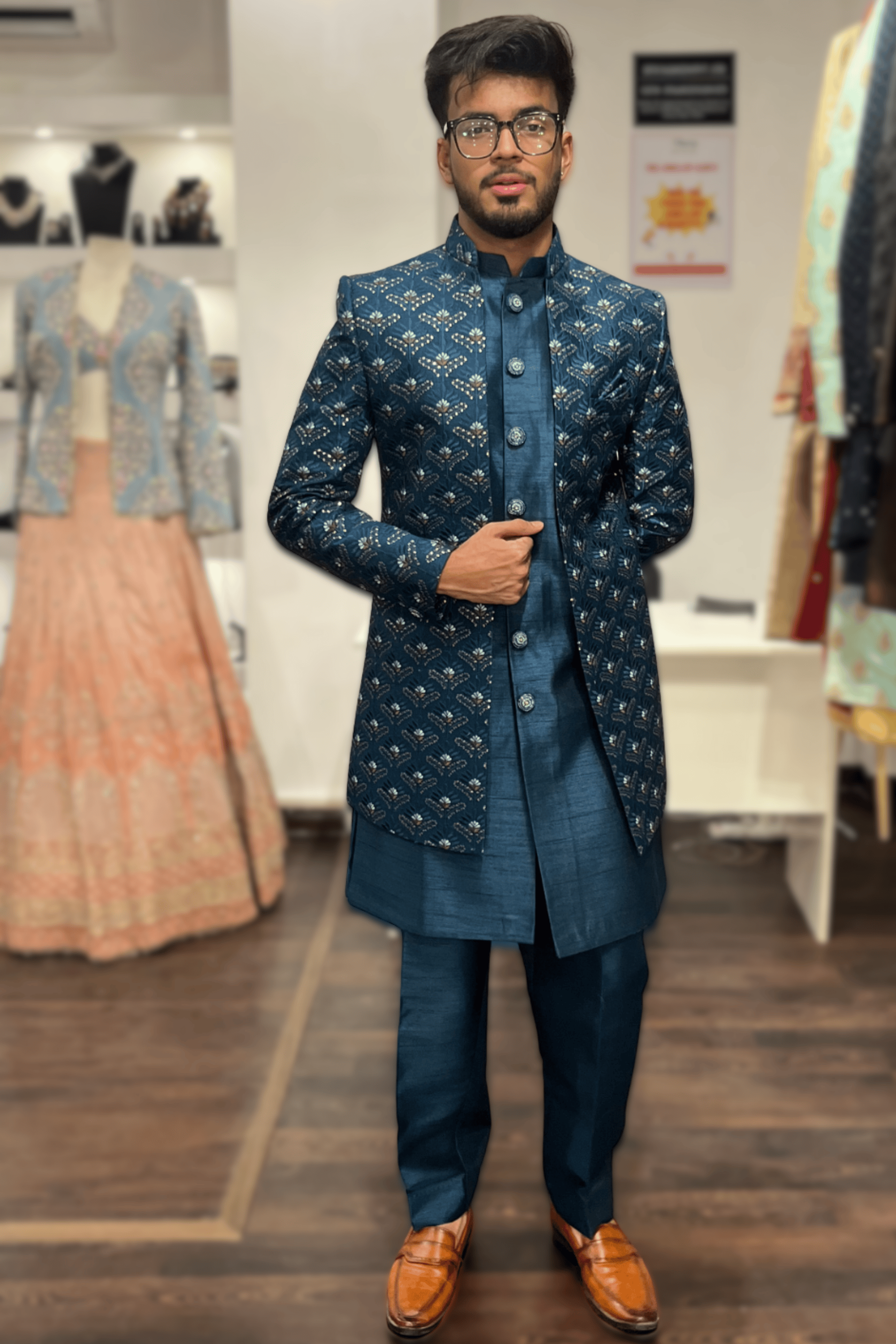 Teal Indo- Western Kurta Jacket Trouser Set