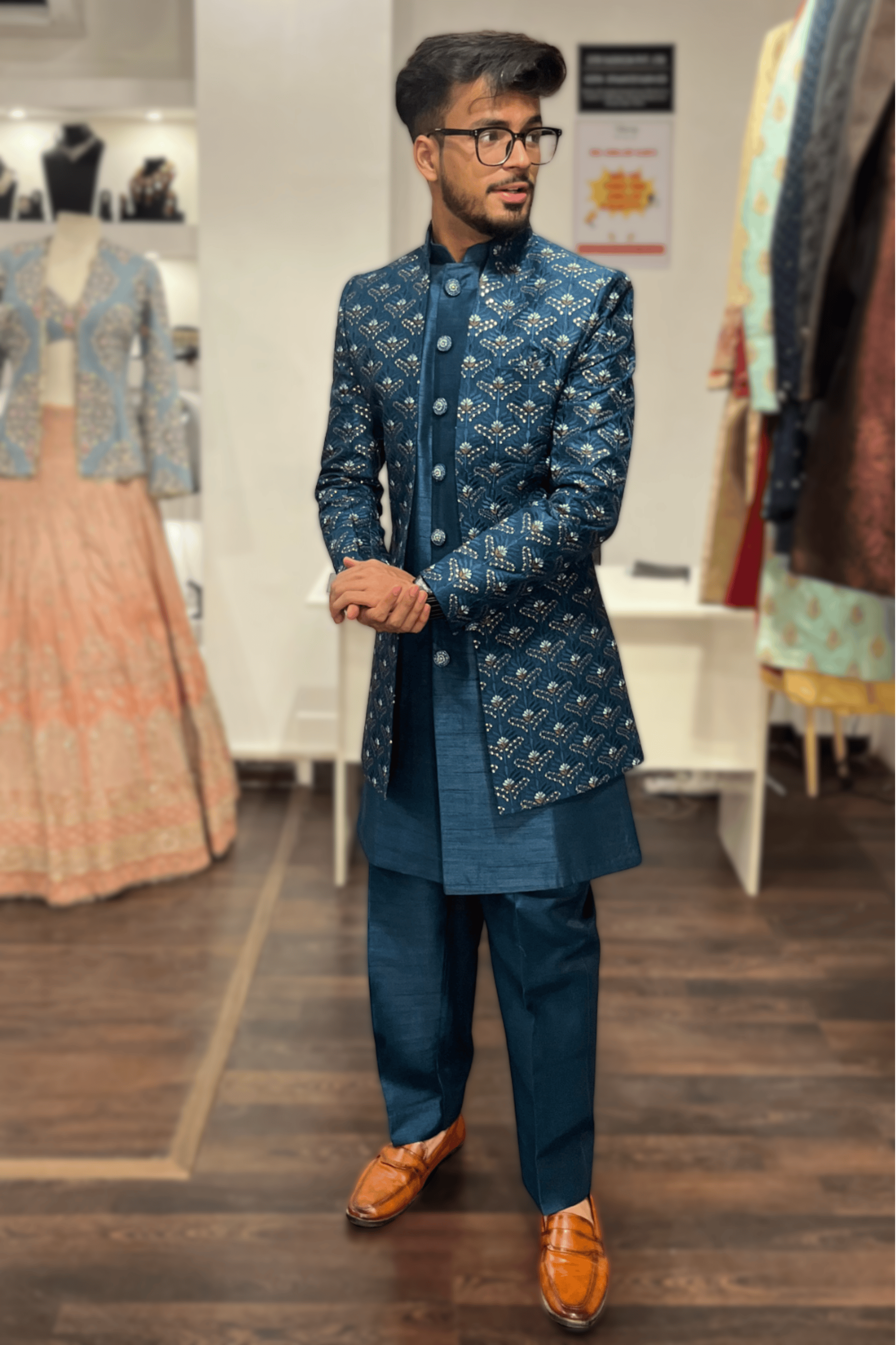 Teal Indo- Western Kurta Jacket Trouser Set5