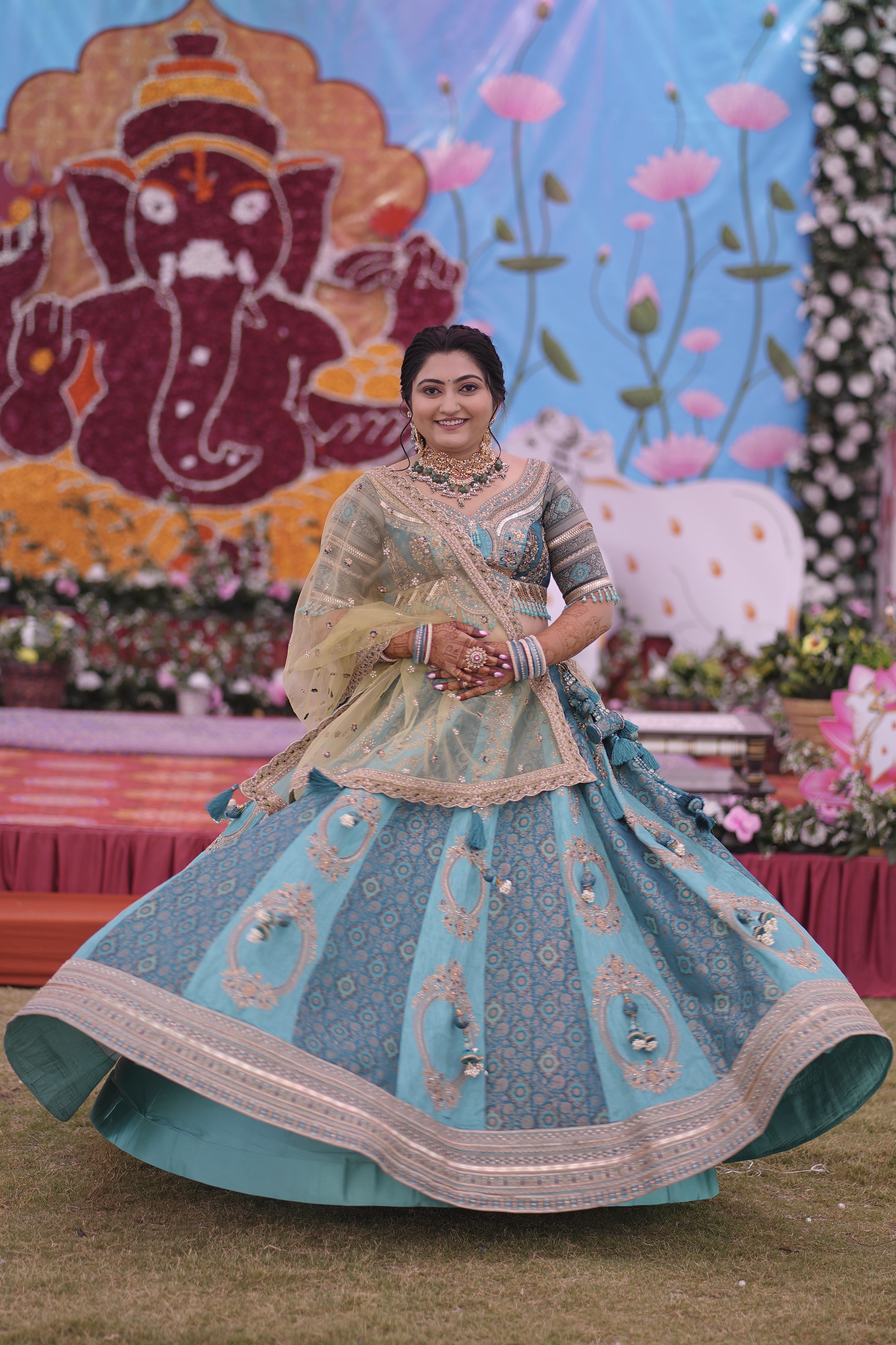 Blue Lehenga Set With Sheer Teal Dupatta
