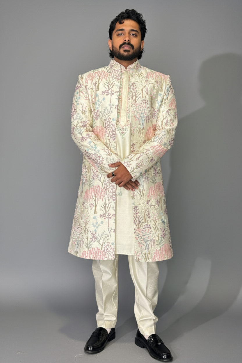 Pastel Green Indo Western Set With Multi- coloured Thread Work Embellishment7