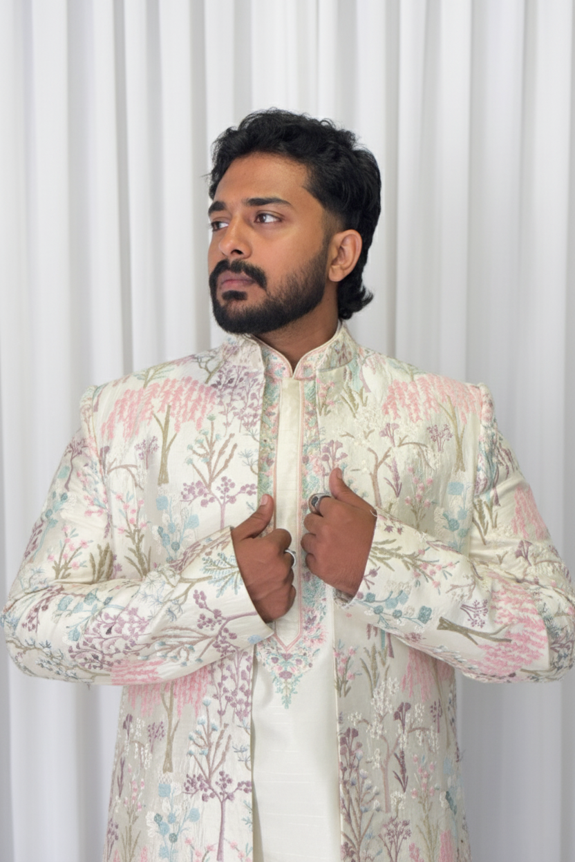 Pastel Green Indo Western Set With Multi- coloured Thread Work Embellishment8