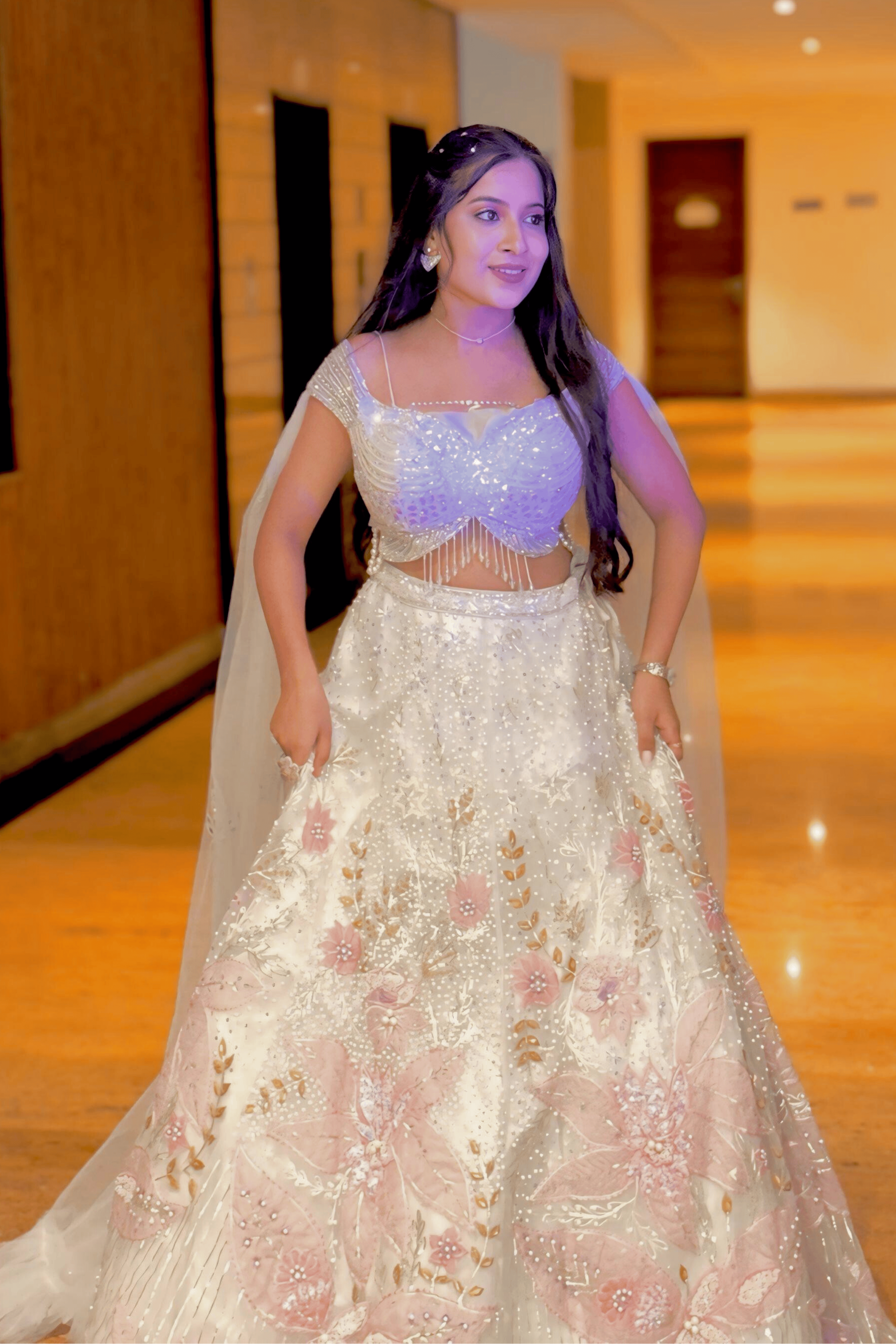 Butterfly Design White Lehenga Set