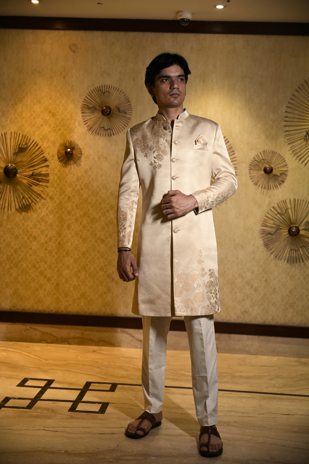 Beige Sherwani Set With Golden Floral Brocade Pattern