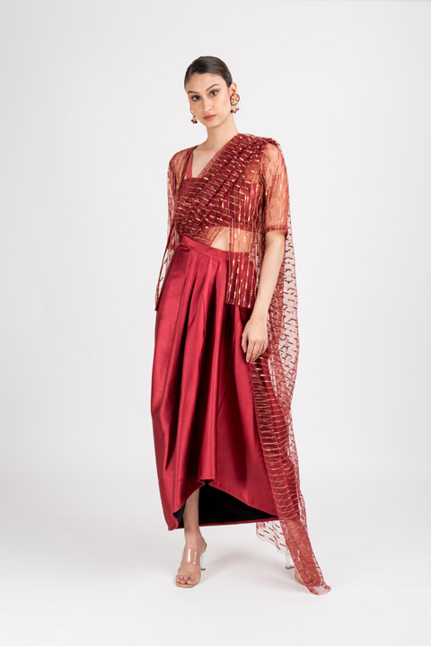 Red Satin Drape Saree Gown