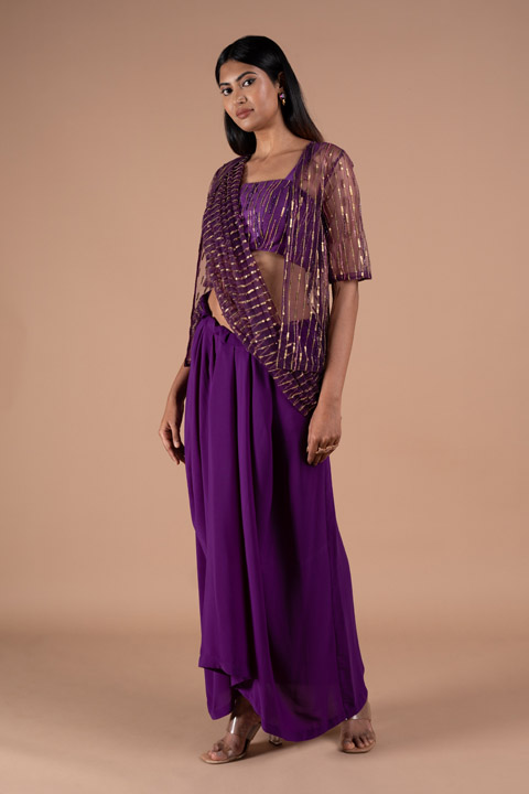 Purple Satin Saree Gown
