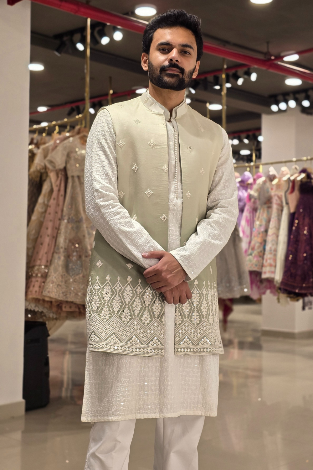 Ivory And Sage Green Ombre Sleeveless Kurta Jacket With Ivory Kurta And Pant