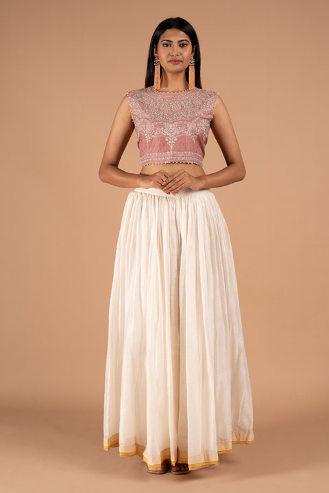 Pink And White Ikkat Top Bottom Set