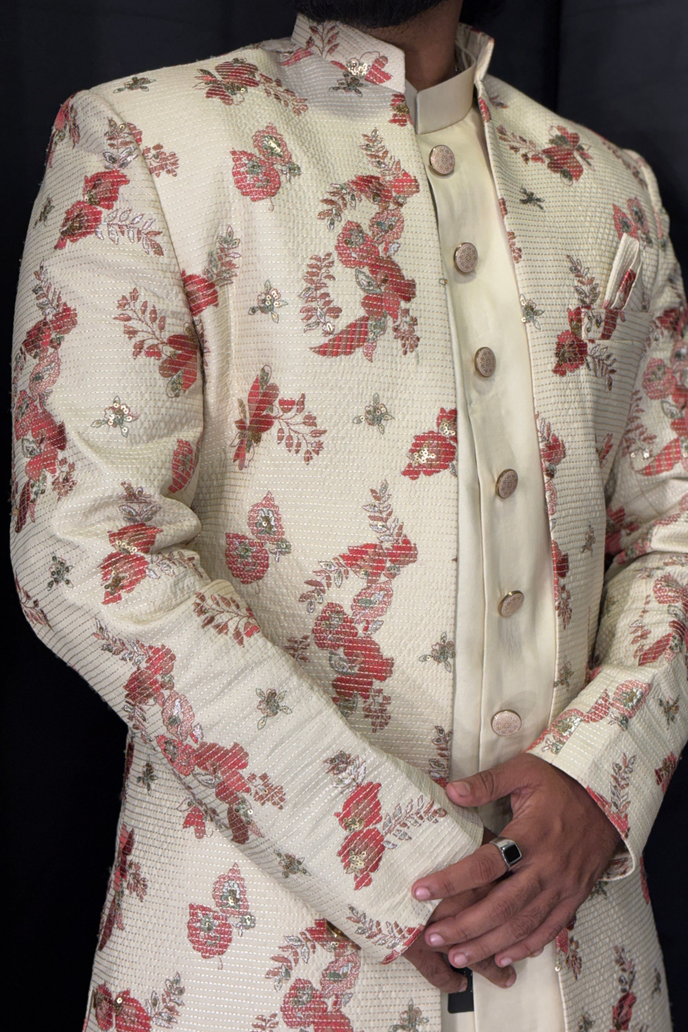 Cream Indo Western Set With Red Thread Work Embellishment3