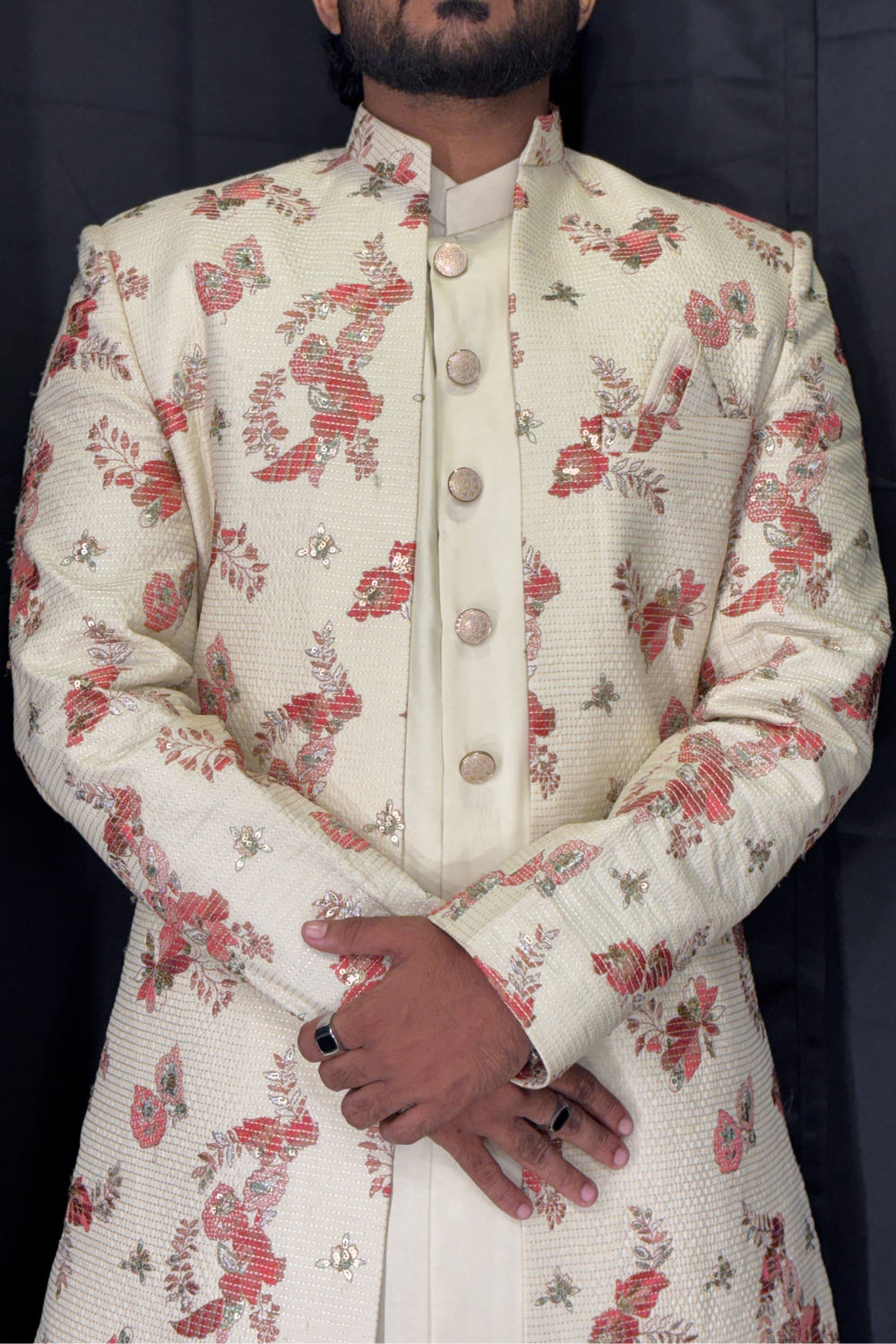 Cream Indo Western Set With Red Thread Work Embellishment4