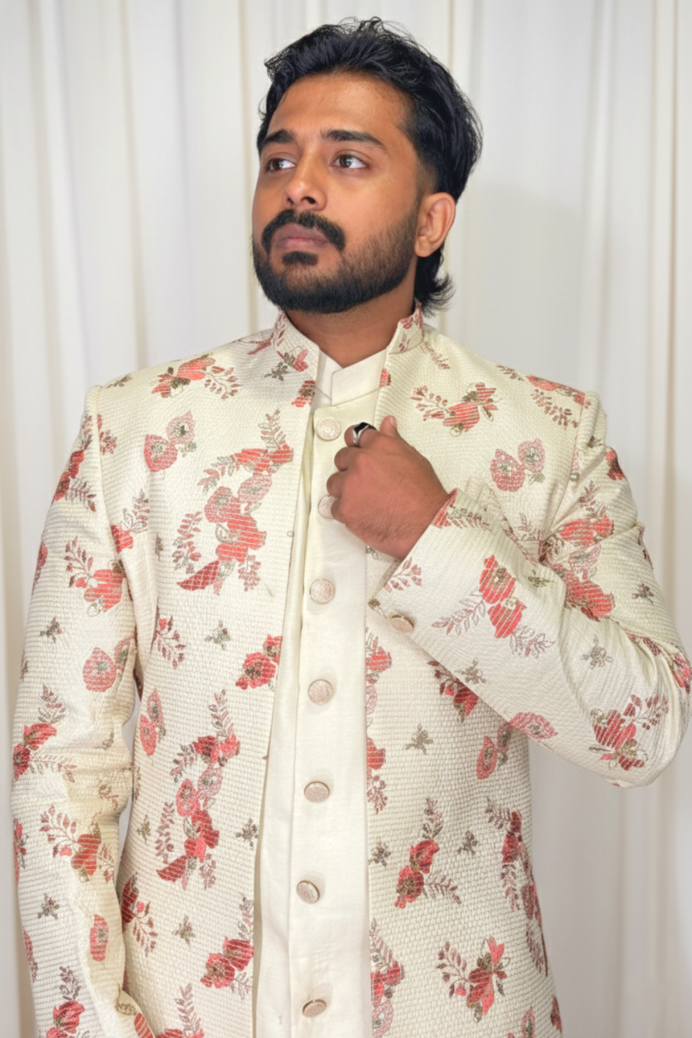 Cream Indo Western Set With Red Thread Work Embellishment6