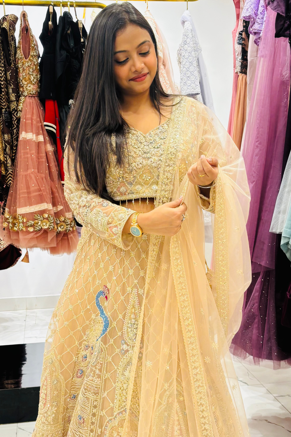 Soft Champagne Beige Lehenga With Peacock Motif Embellishment2