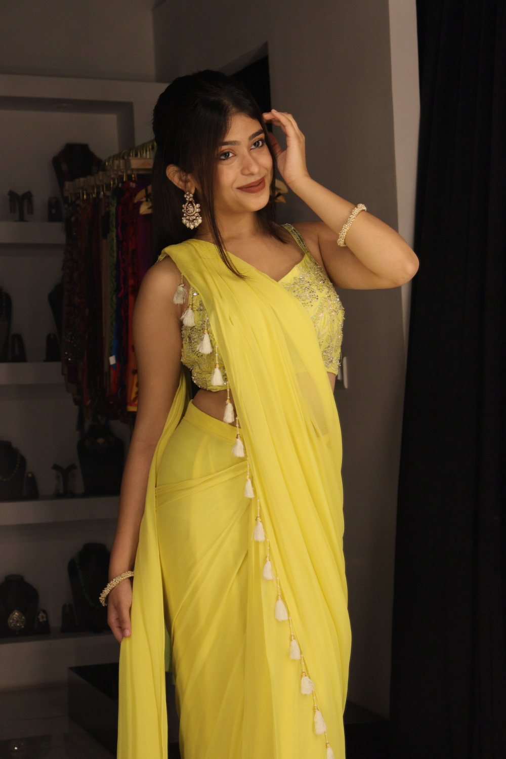 Lemon Yellow Pre-Draped Saree Set1