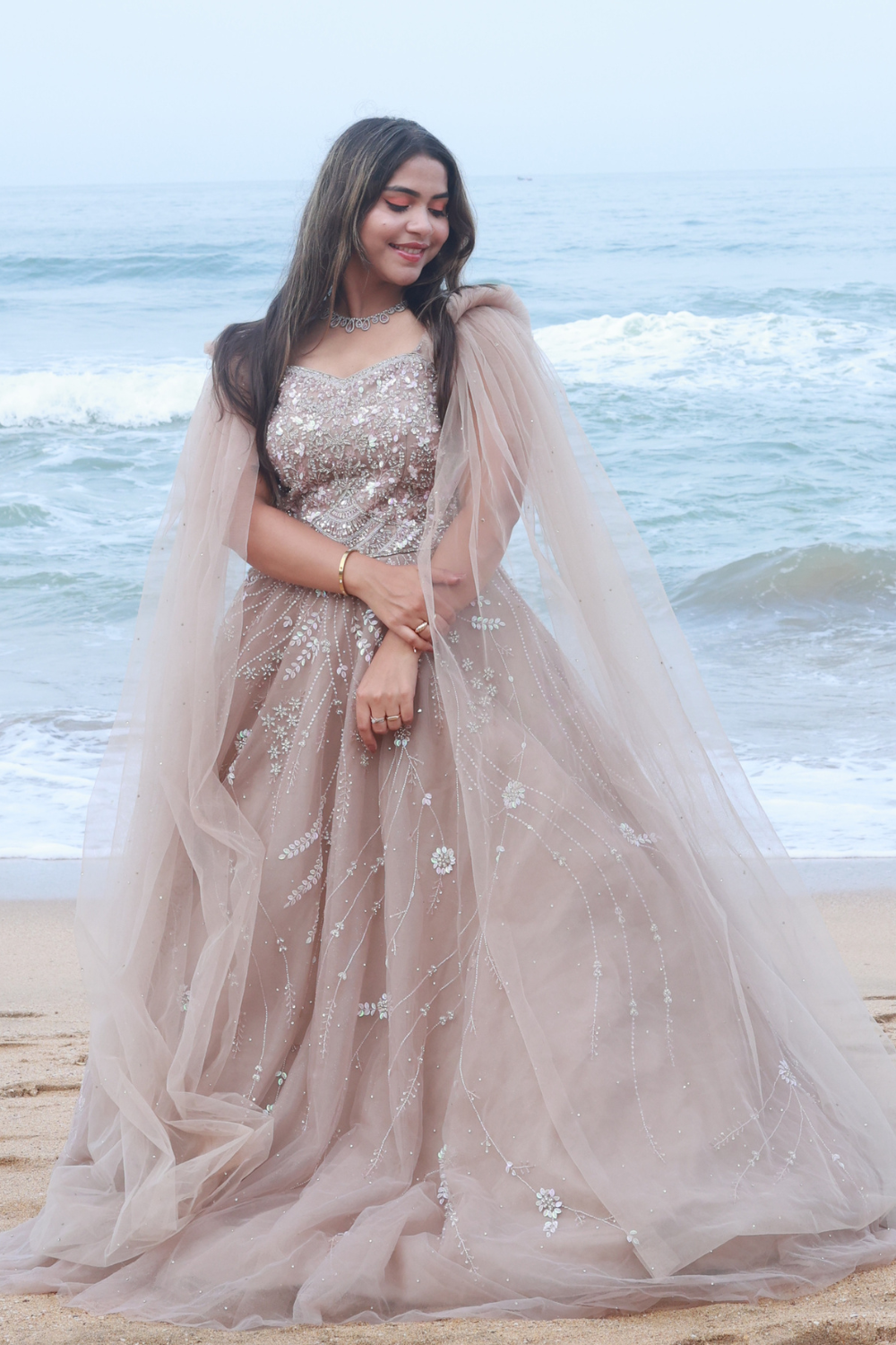 Nude Beige Gown With Shoulder Trails With Silver Pink Sequins Embellishment1