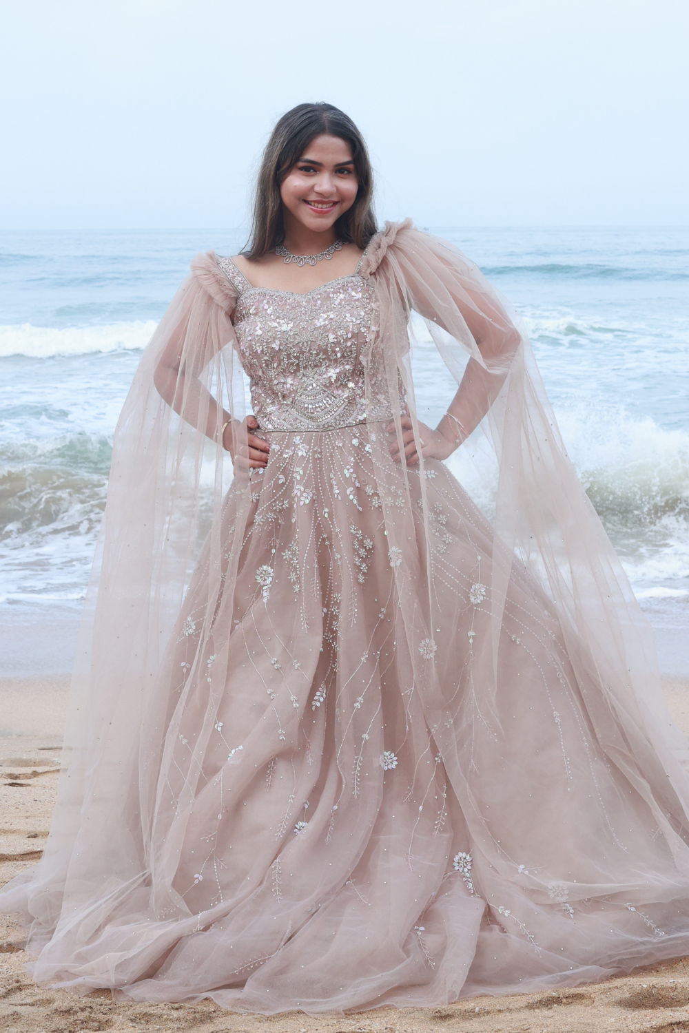 Nude Beige Gown With Shoulder Trails With Silver Pink Sequins Embellishment4