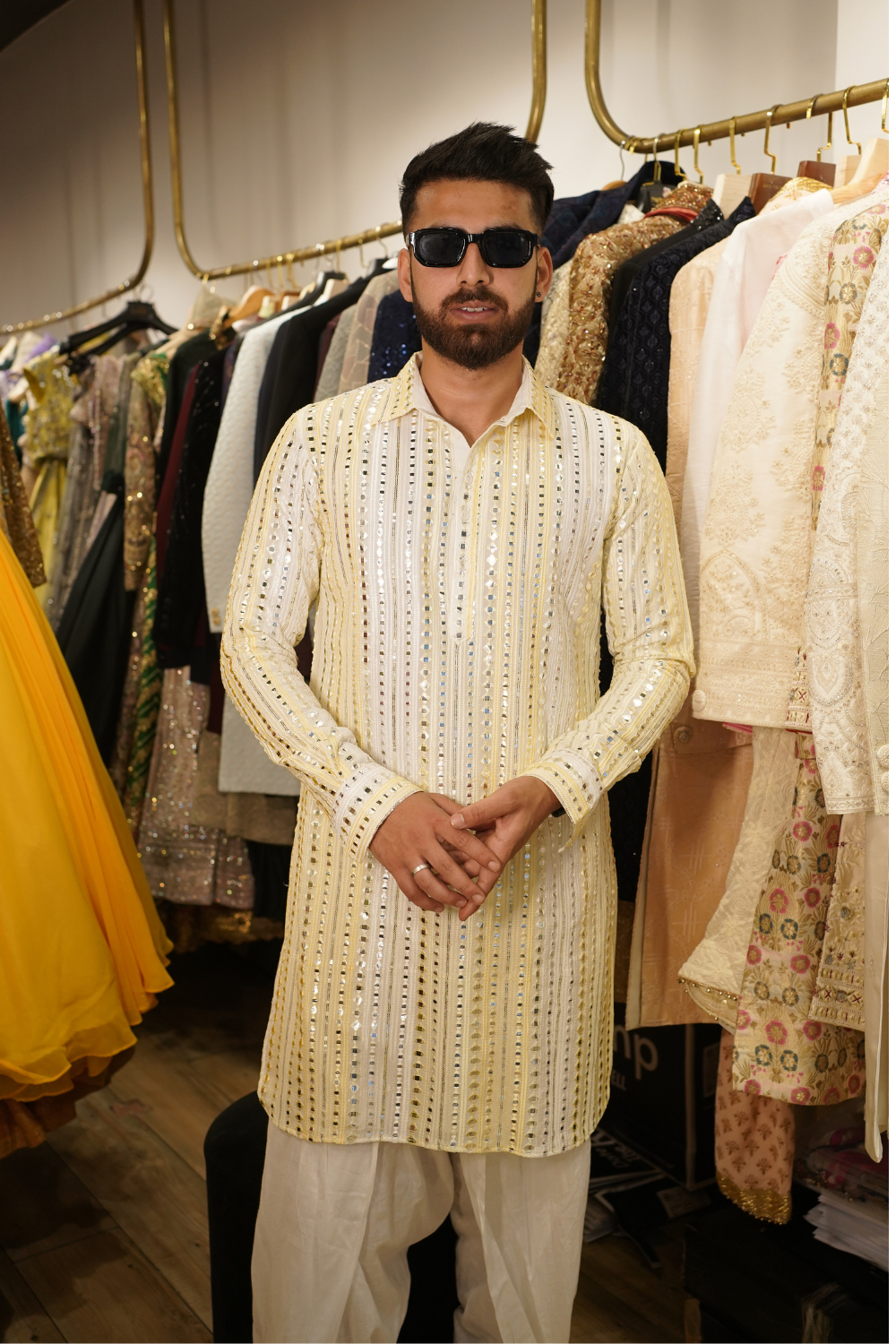 Yellow Mirror Work Kurta Set