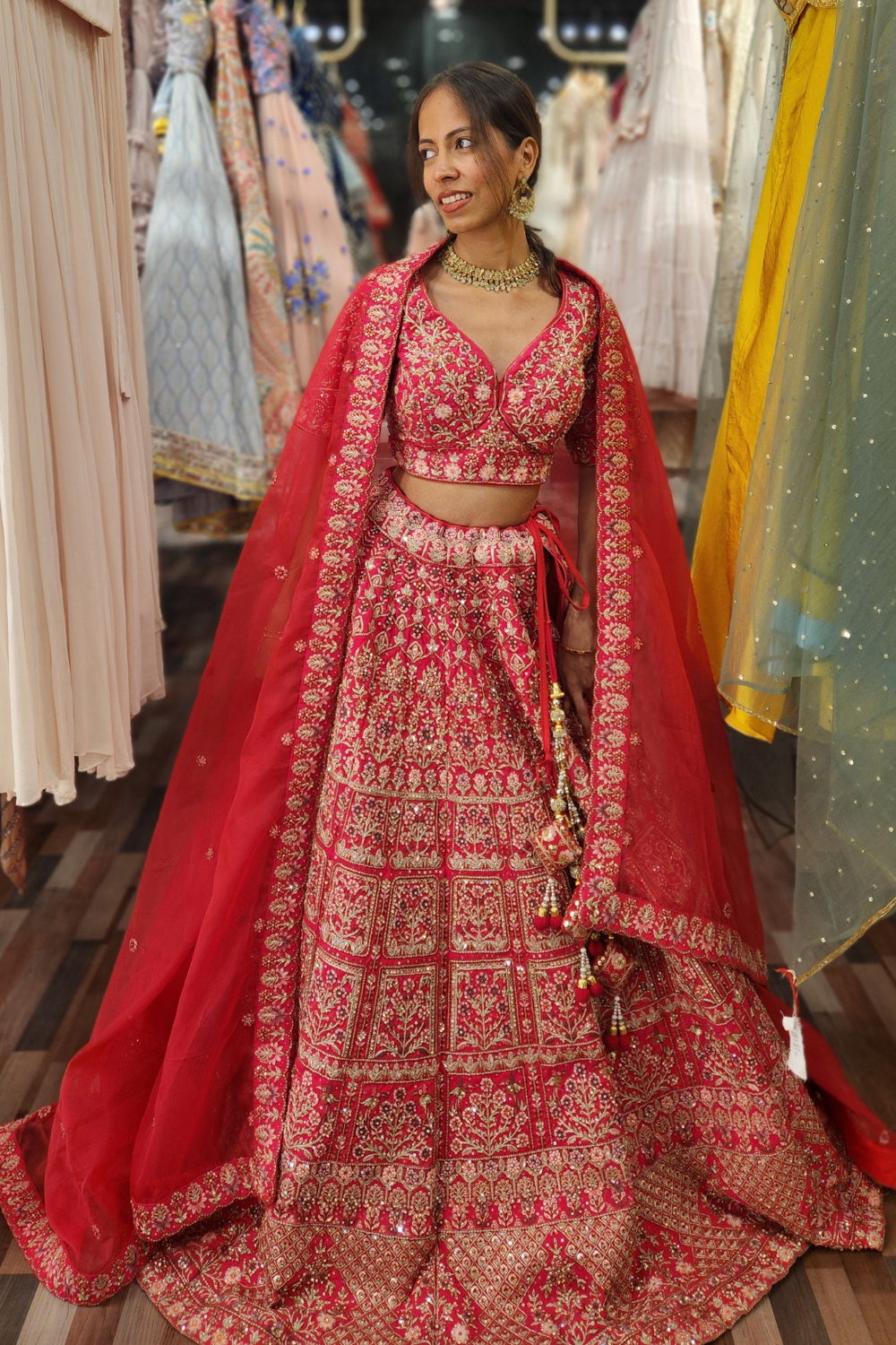 Cerise Pink Bridal Lehenga WIth Zari Thread Work Embellishment