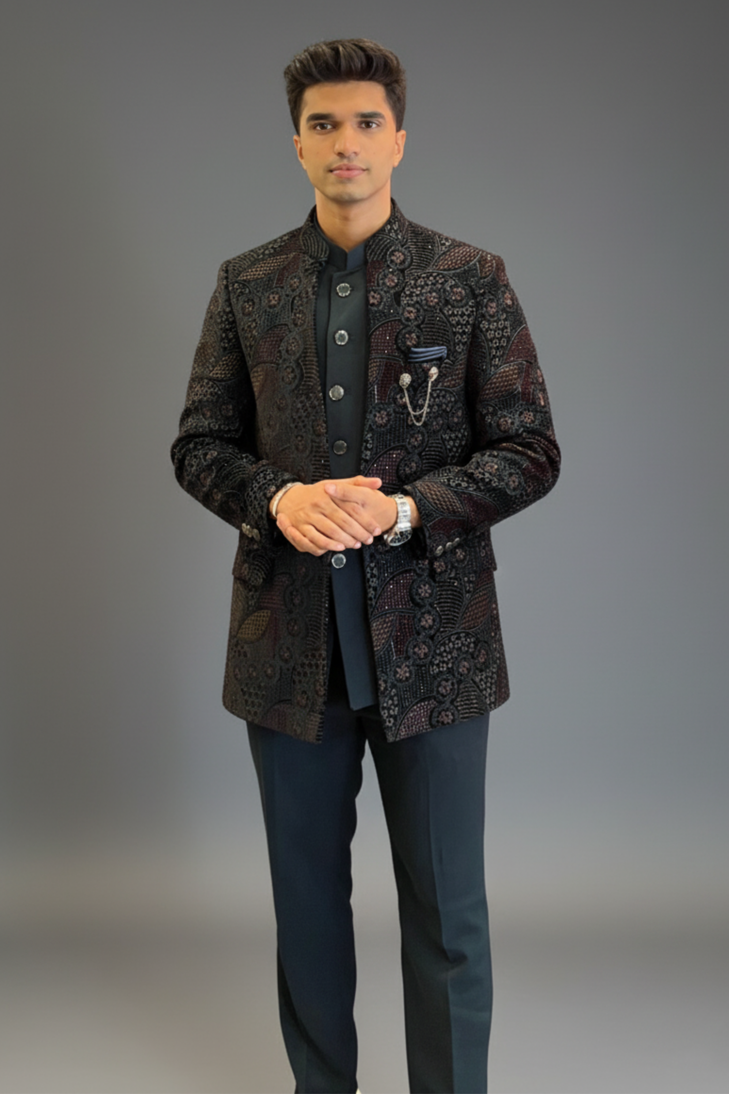 Black Bandhgala With Thread Work Embellishment