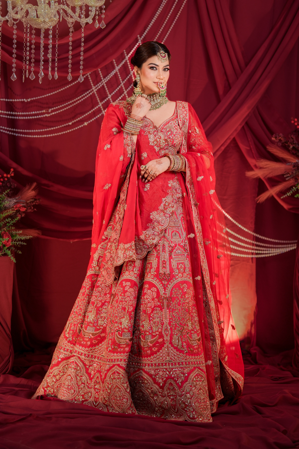 Red Bridal Lehenga With Golden Zari Work Embellishment