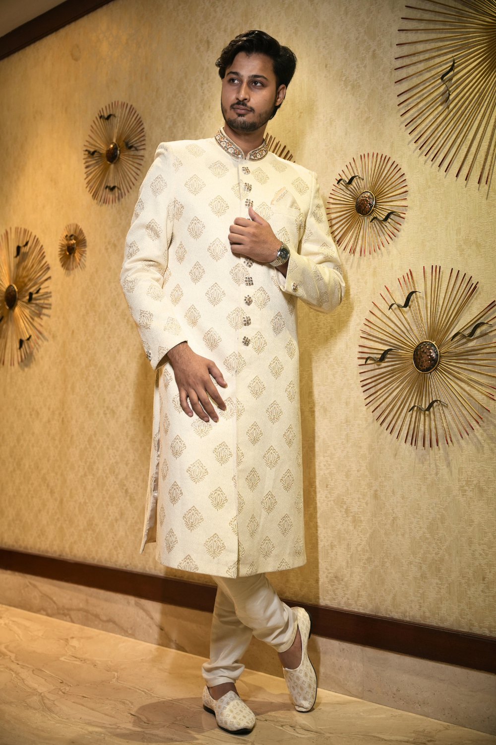 Beige Sherwani Set With White Churidar And Gold Brocade Motifs1