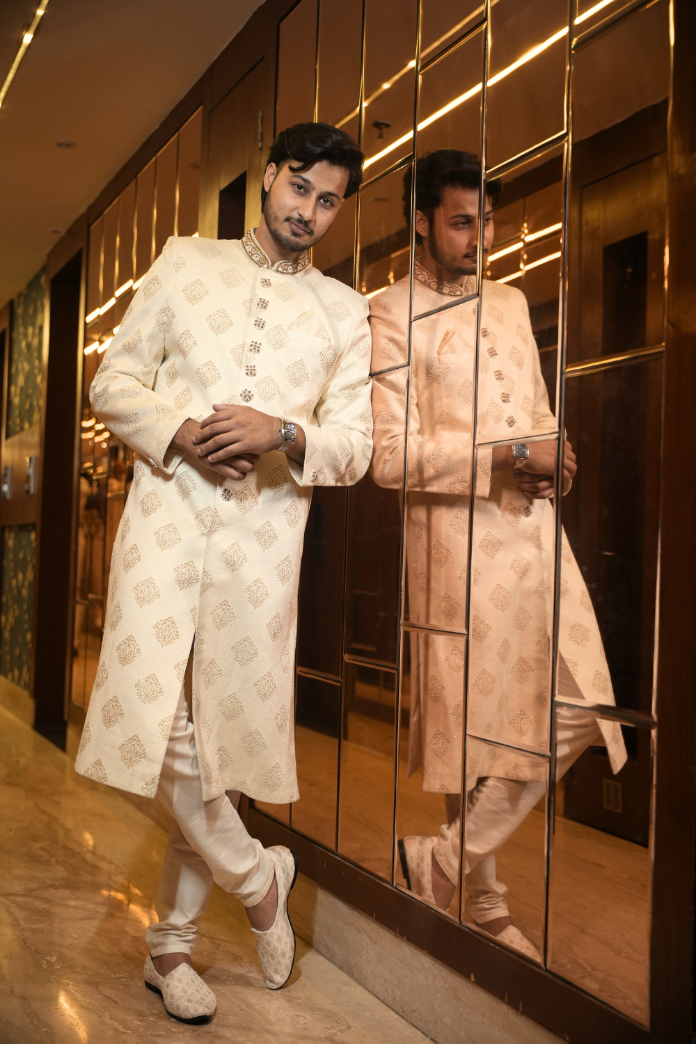 Beige Sherwani Set With White Churidar And Gold Brocade Motifs2