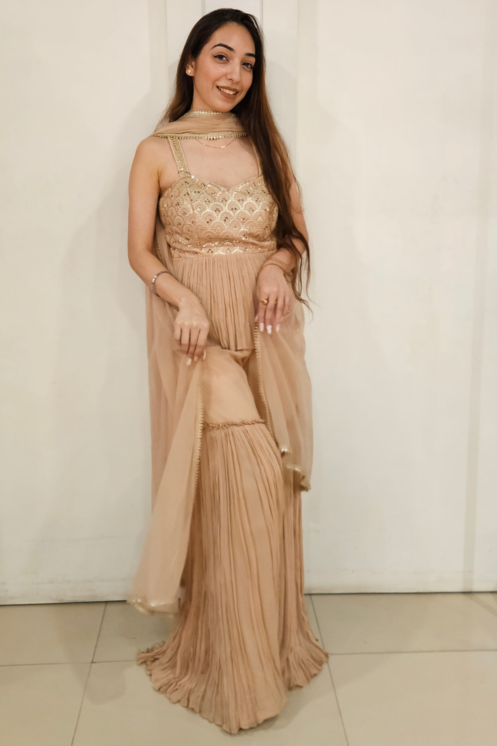Beige Peplum Pleated Top Sharara Set3