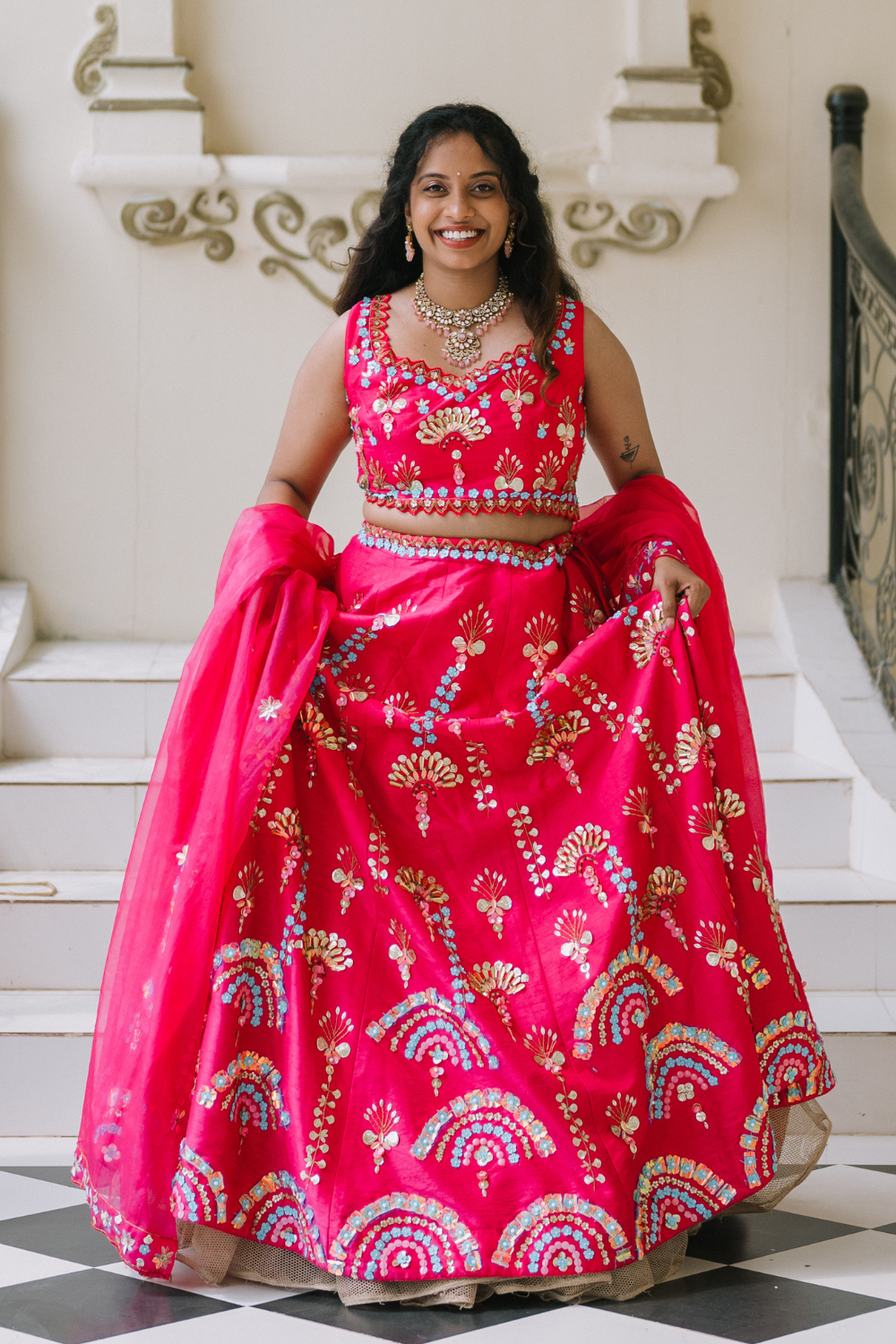 Barbie Pink Embellished Lehenga Set with Multicolour Sequins And Beads