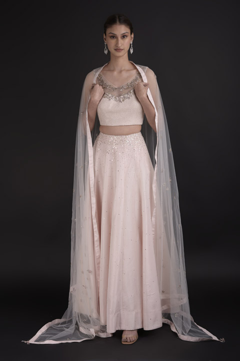 Peach Silk & Tulle Lehenga Set