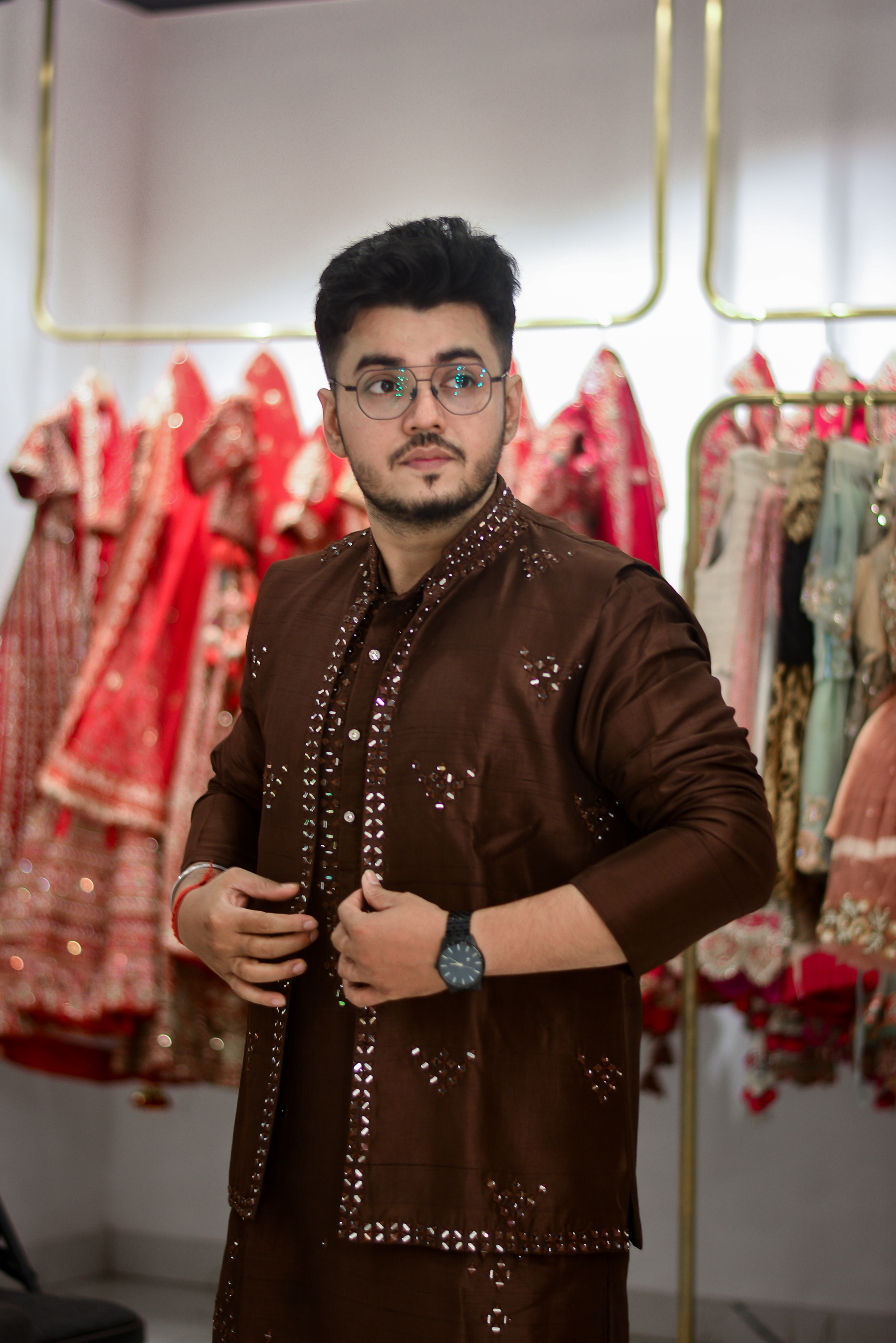 Brown Kurta Set With Mirror Work Embellishment1