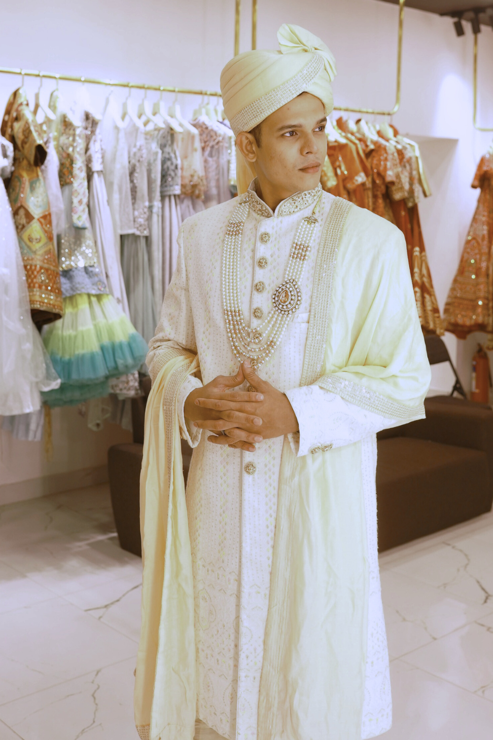 Ivory Sherwani Set With Sequins Beads And Thread Work Embellishment7