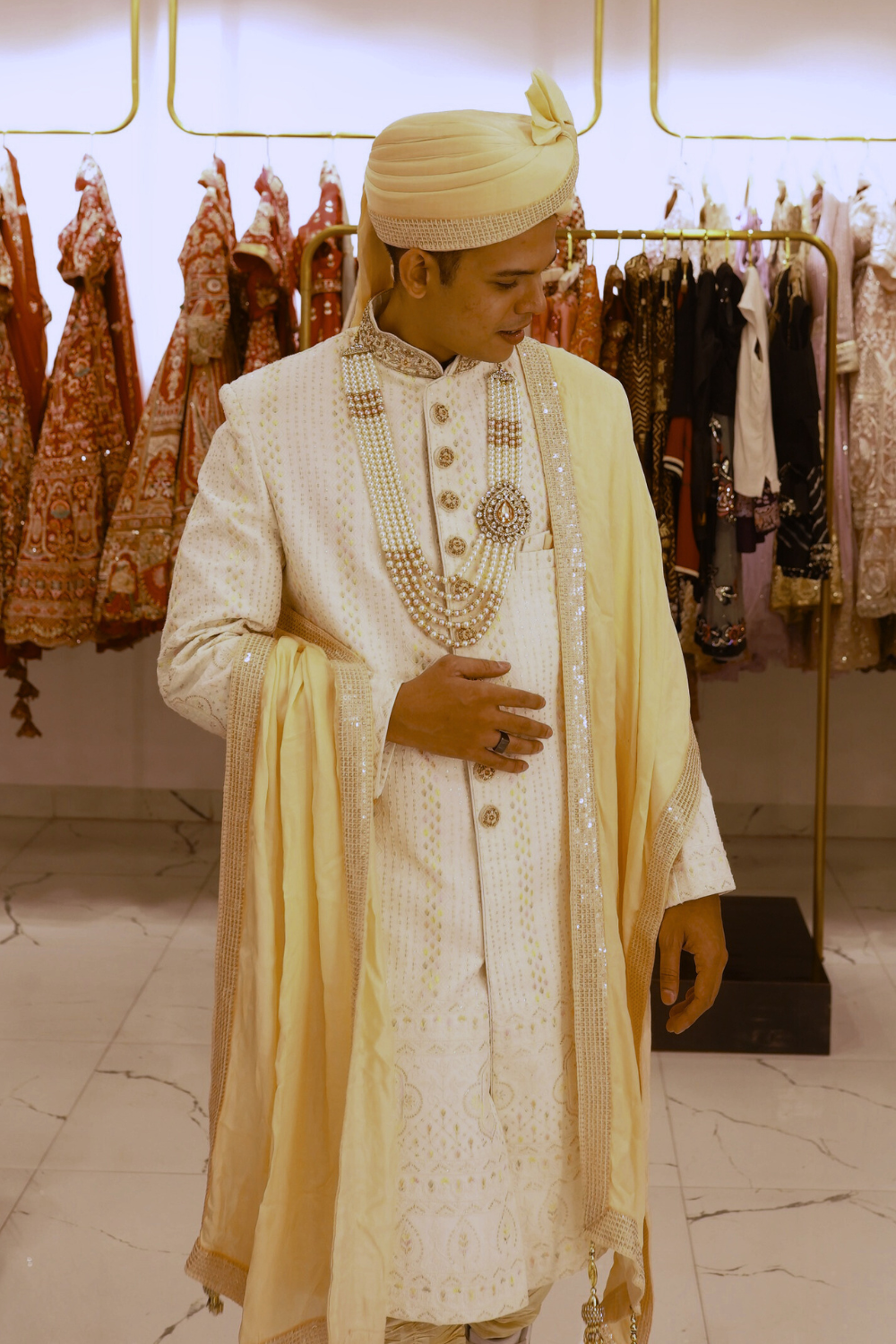 Ivory Sherwani Set With Sequins Beads And Thread Work Embellishment