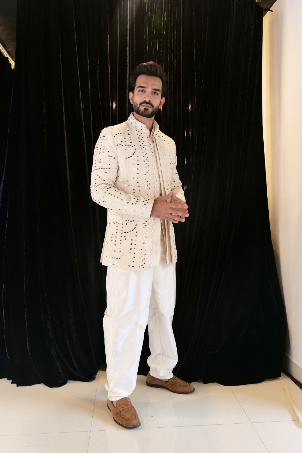 Ivory Mirrorwork Indo-Western Jacket Set1