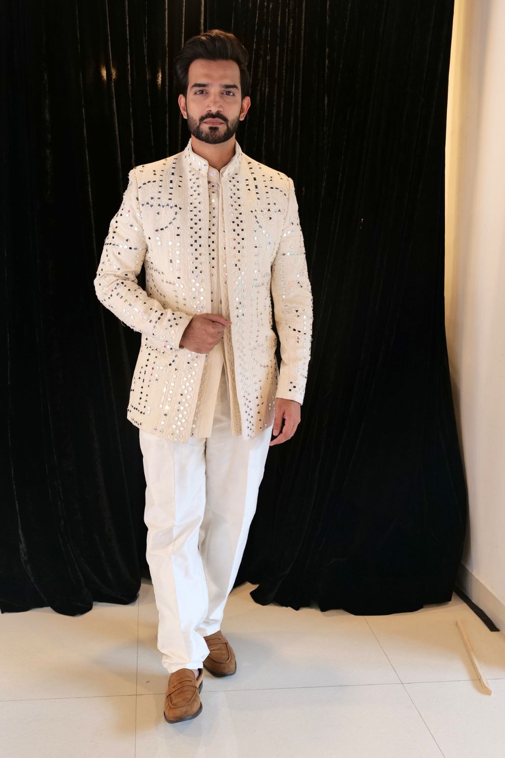 Cream Ivory Indo Western Set With Mirror Work Embellishment