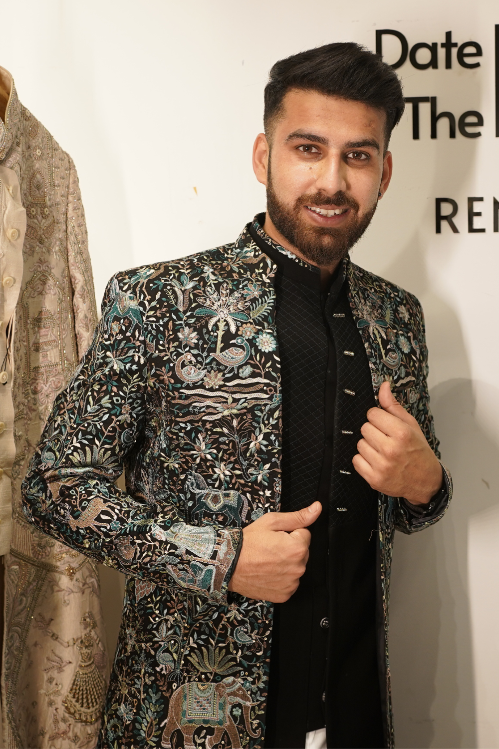 Black Teal Indo- Western Set With Tropical Motif Thread Work Embellishment