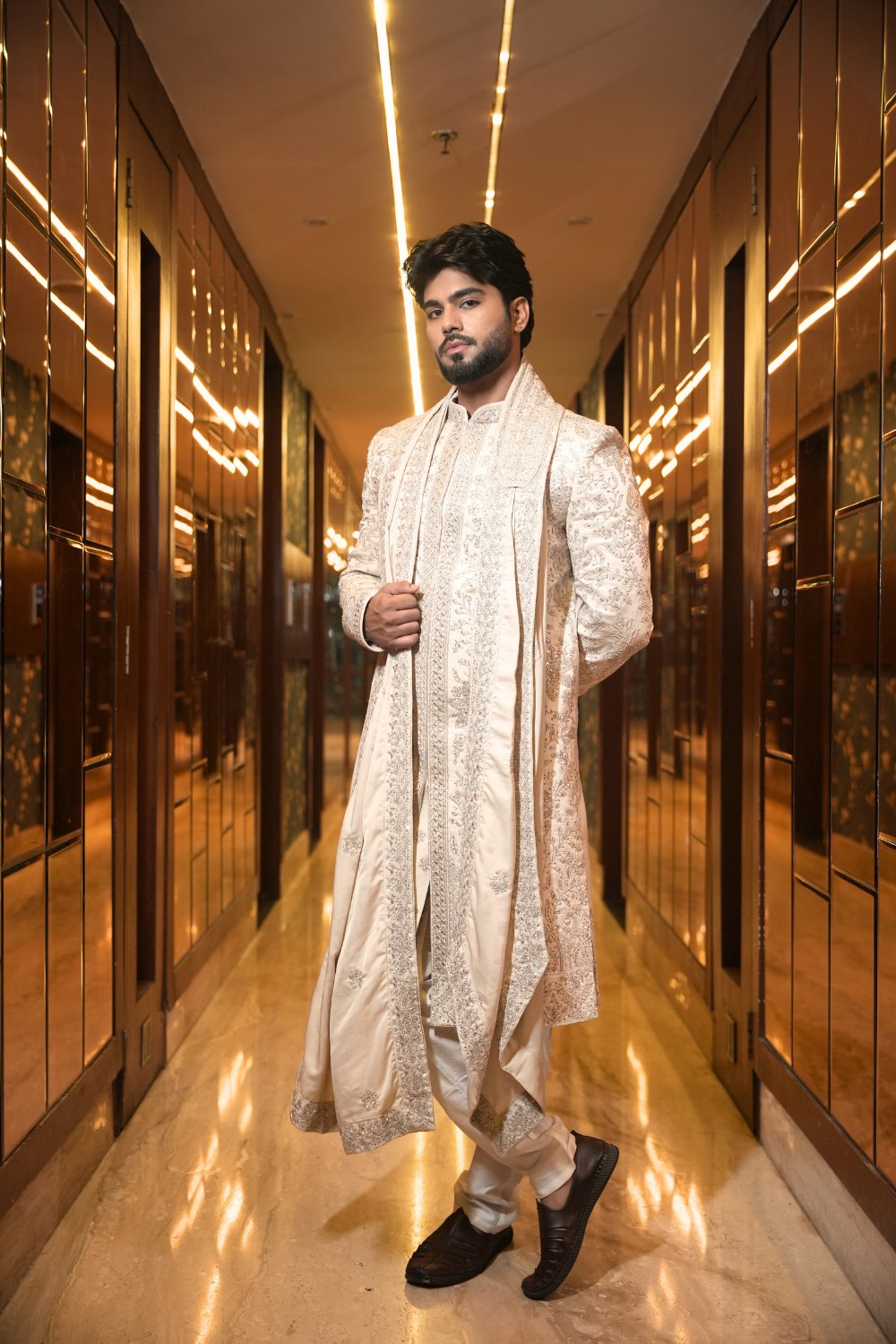 Ivory Sherwani With Dupatta And Safa