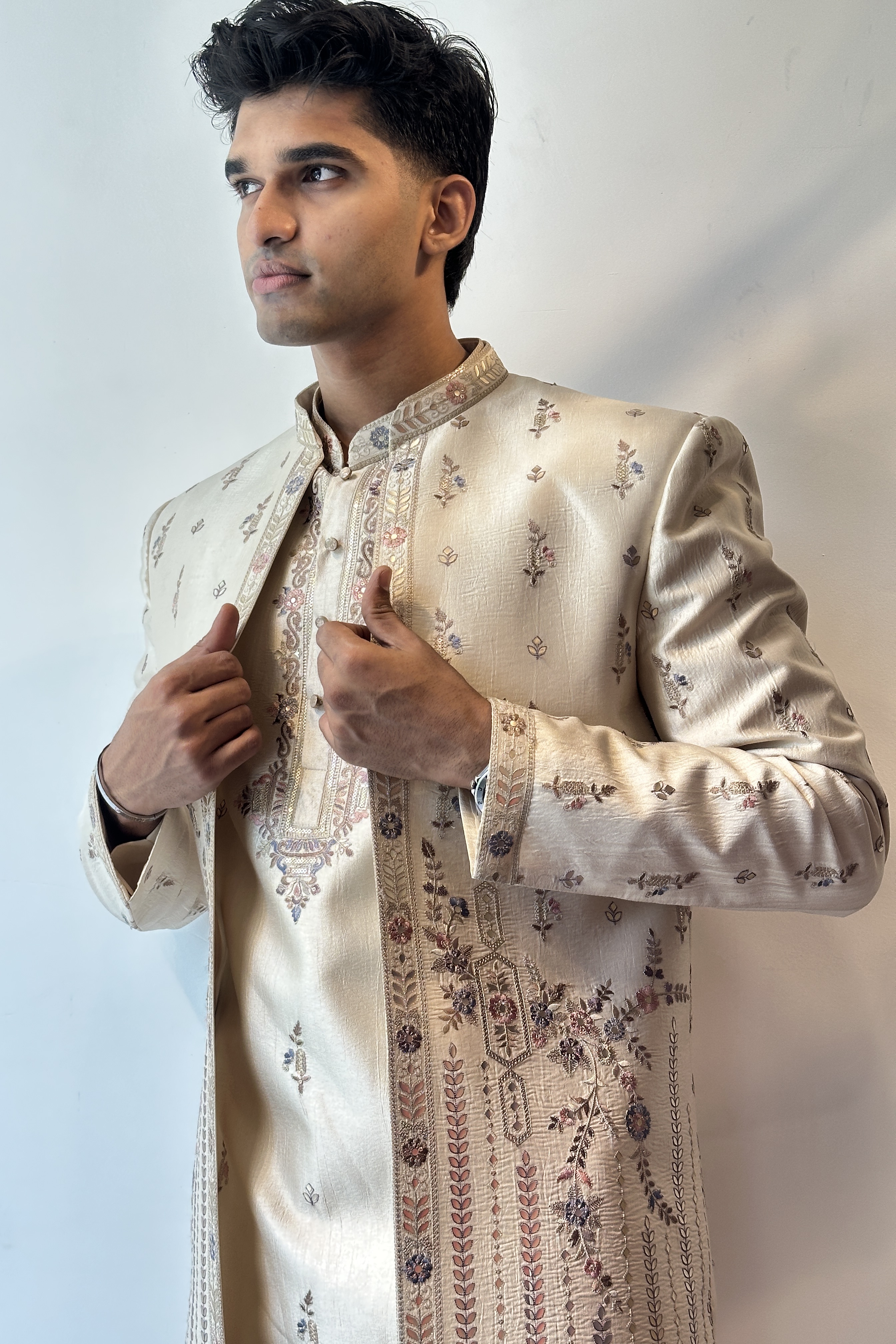Beige Indo- Western Kurta Jacket Trouser Set3