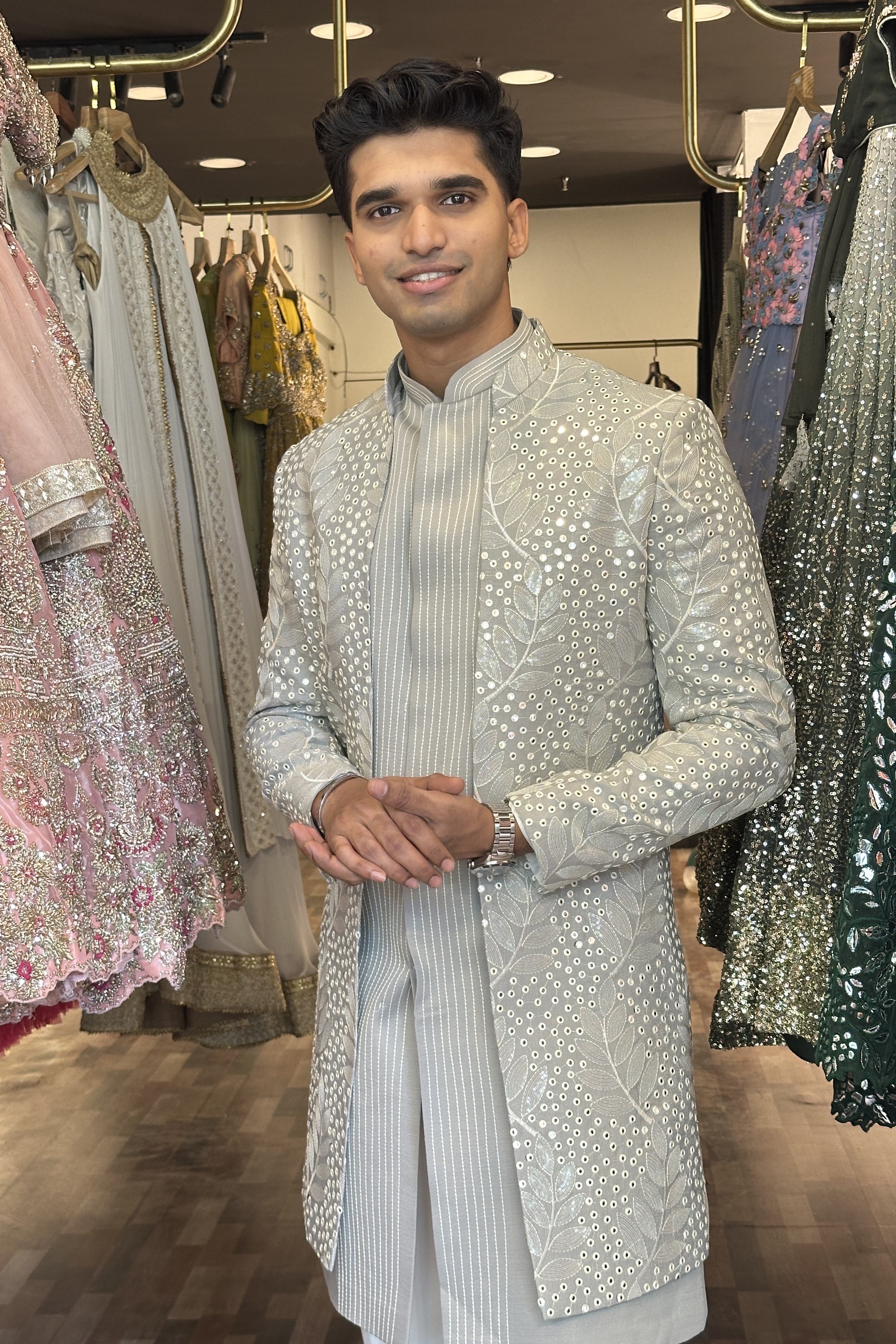 Grey Indo Western Kurta Jacket Trouser Set