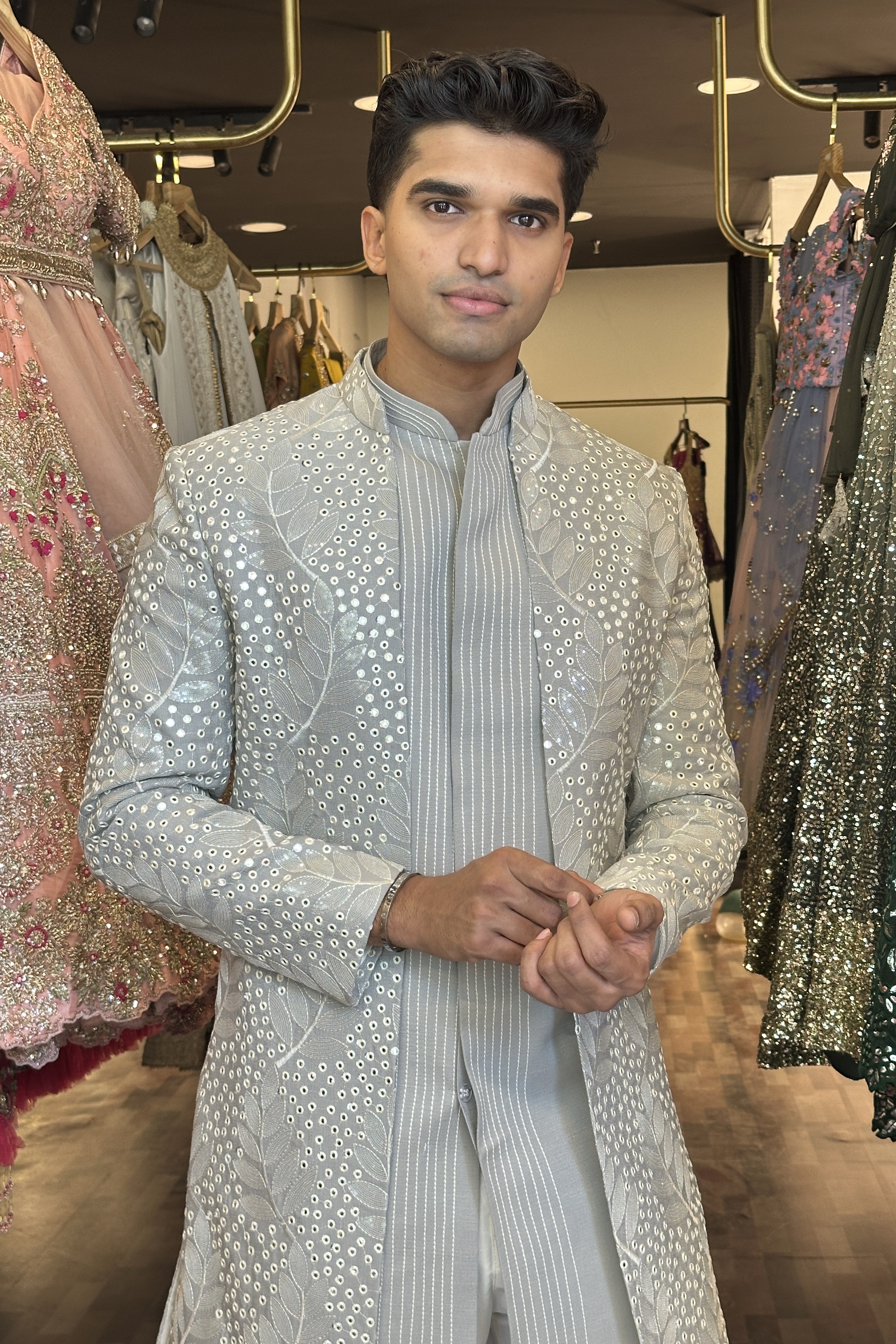 Grey Indo Western Kurta Jacket Trouser Set4