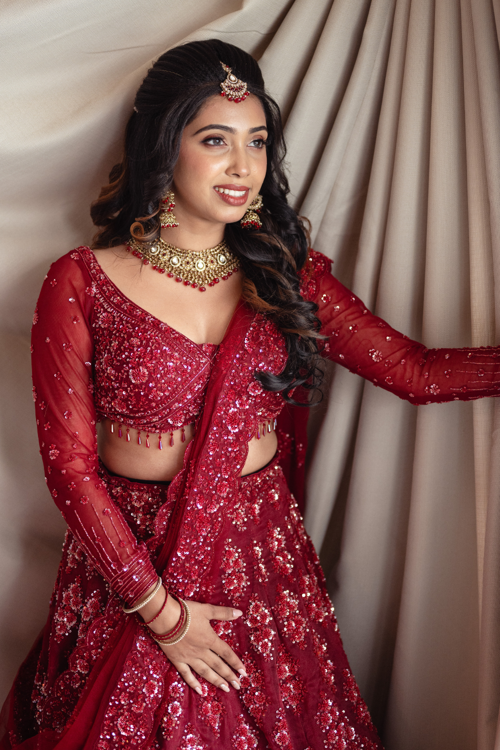 Crimson Red Beaded And Sequinned Lehenga Set