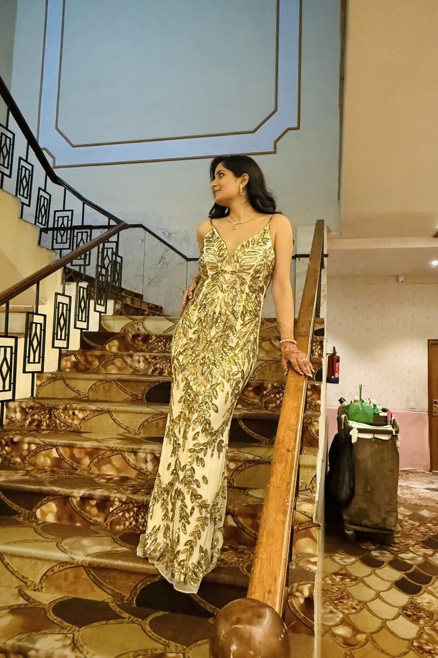 Beige And Gold Sequin Embellished Gown