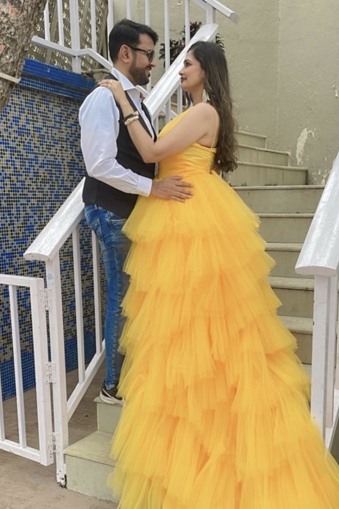 Marigold Yellow Ruffled Tulle Gown