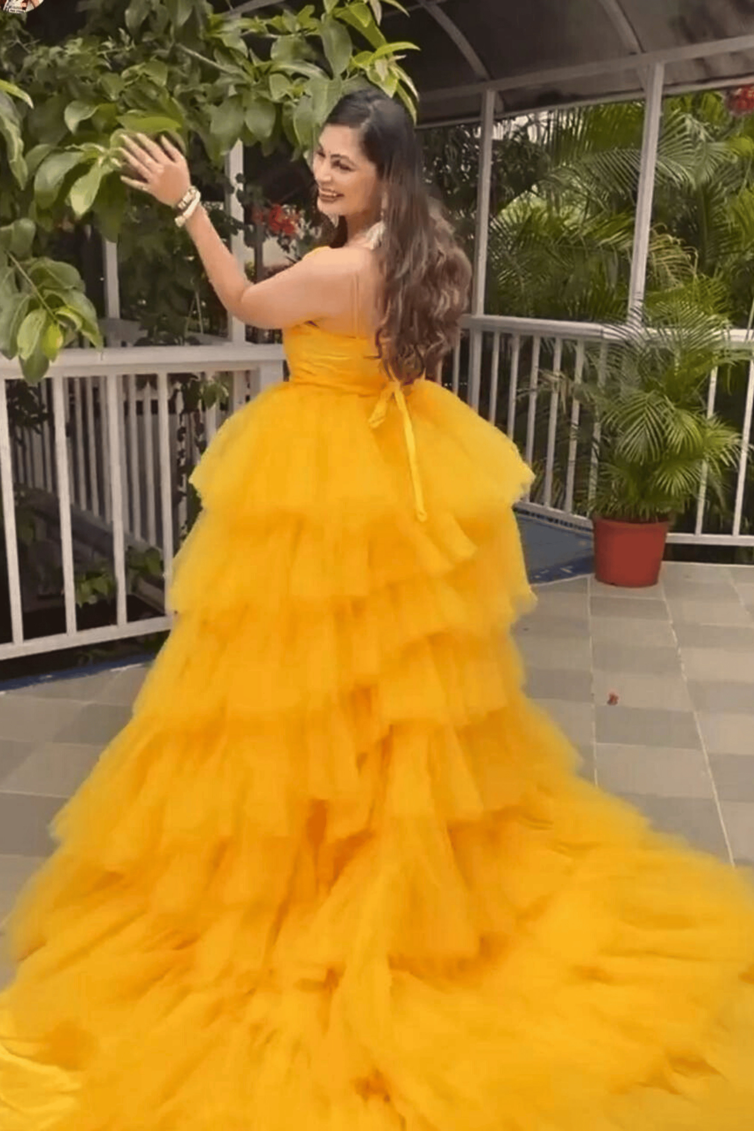 Marigold Yellow Ruffled Tulle Gown4