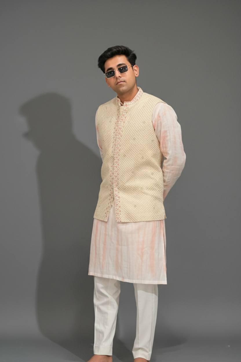 Light Pink Mirror Work Ombre Kurta Set With Sleeveless Cream Jacket4