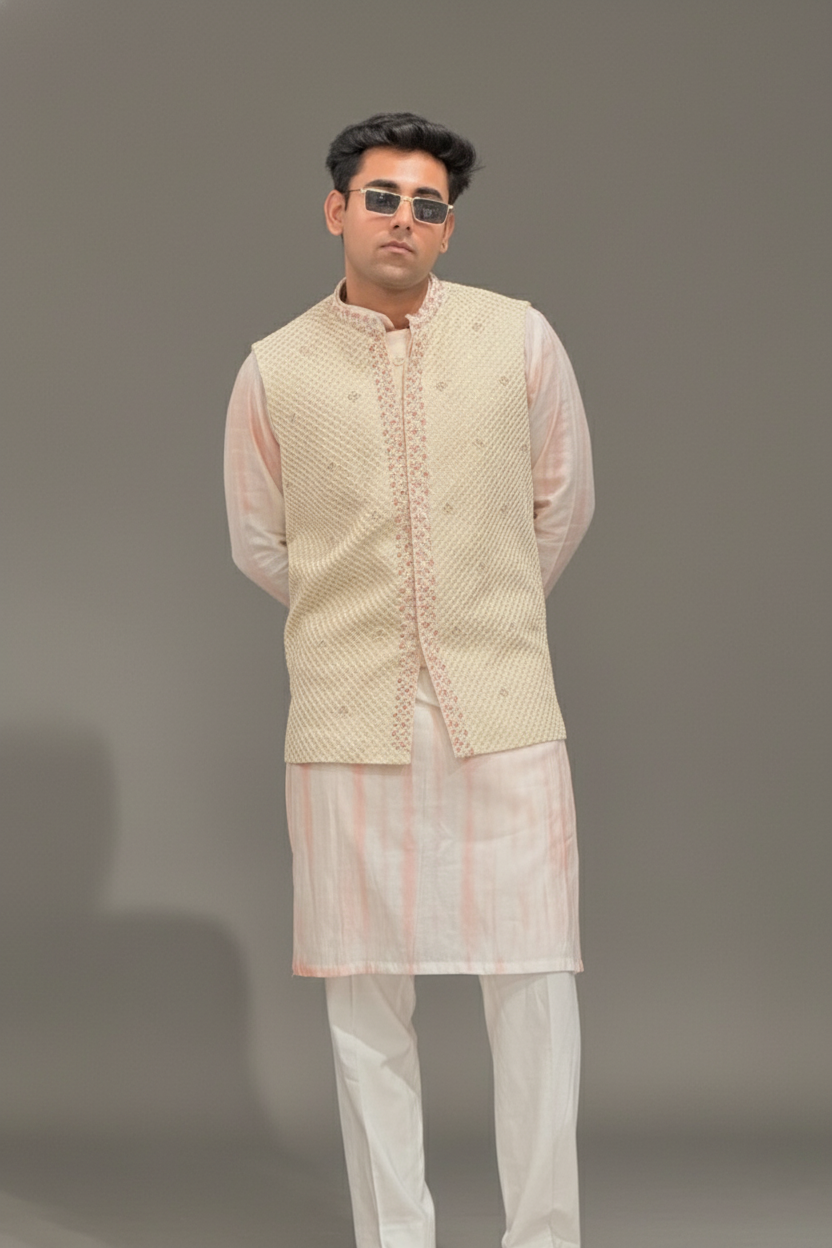Light Pink Mirror Work Ombre Kurta Set With Sleeveless Cream Jacket