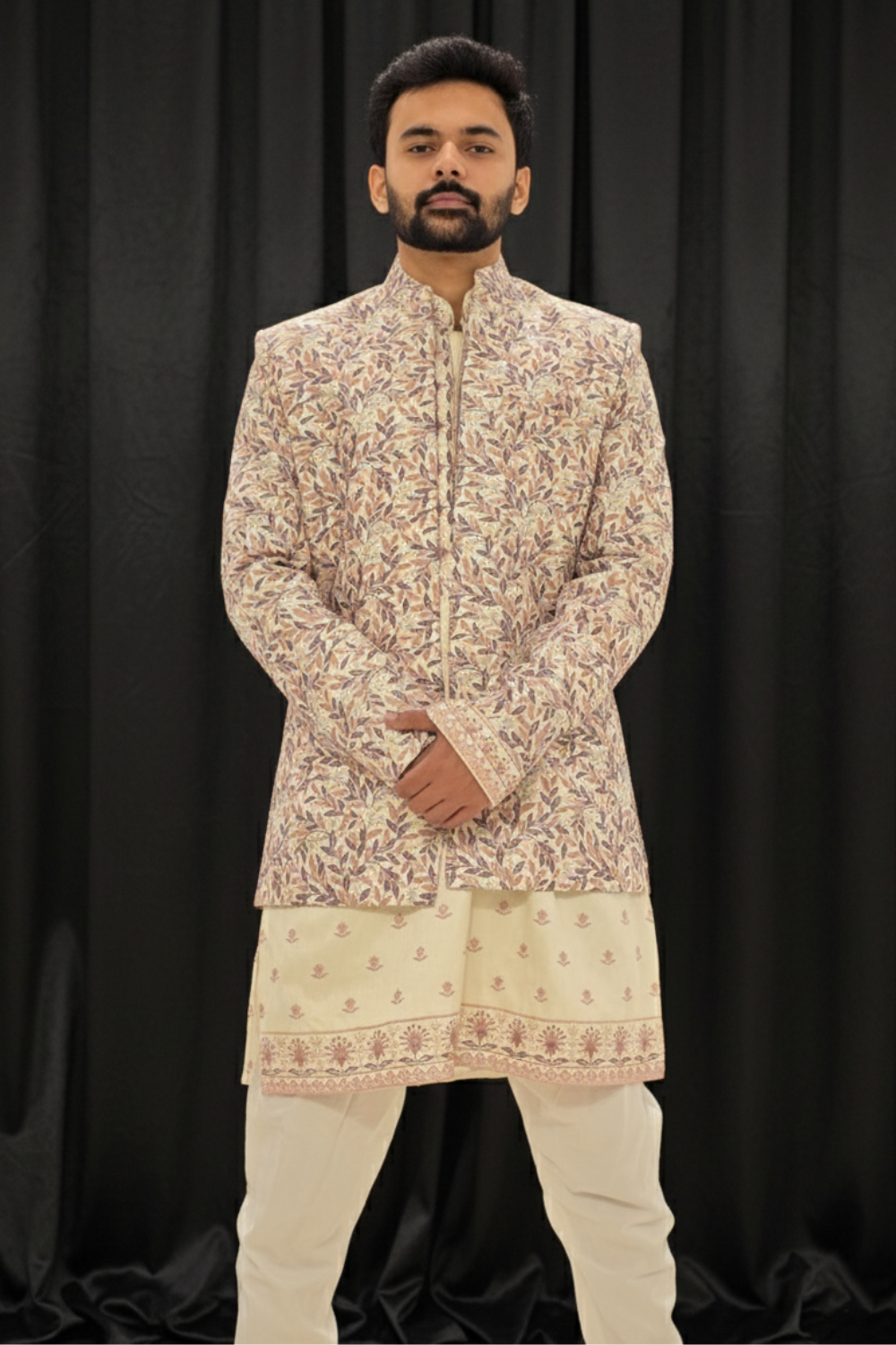 Ivory Base Indo Western Set With Pastel Pink And Muted Mauve Floral Print Jacket