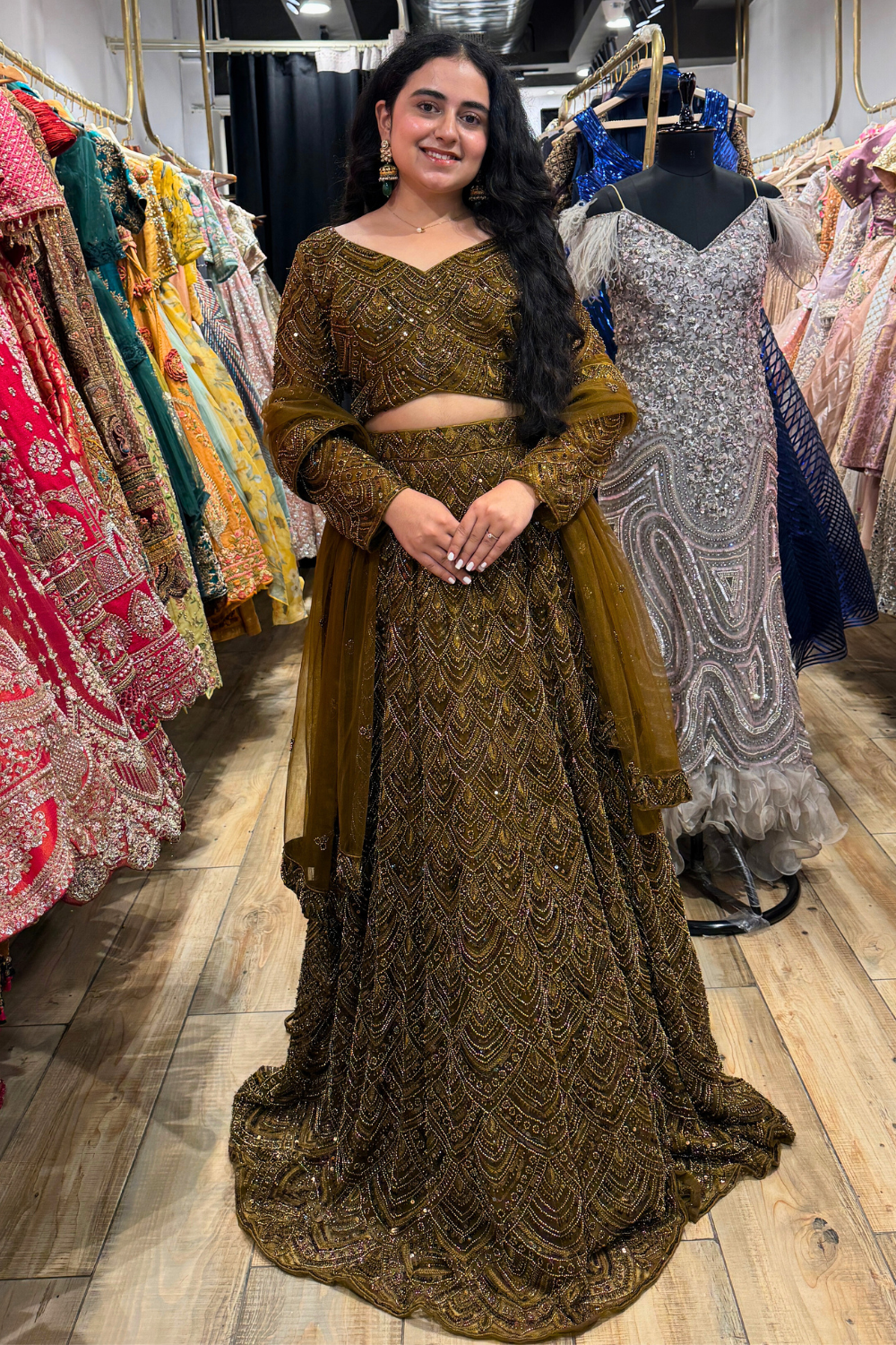 Antique Olive Gold Lehenga With Sequins and Beads Embellishment